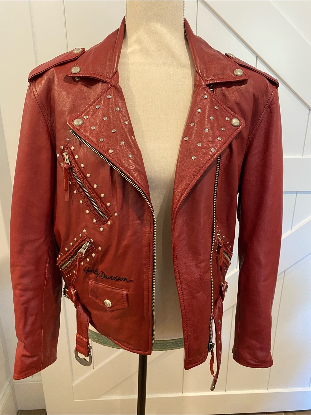 Harley-Davidson Red Studded Leather Moto Jacket - Picture 1 of 7